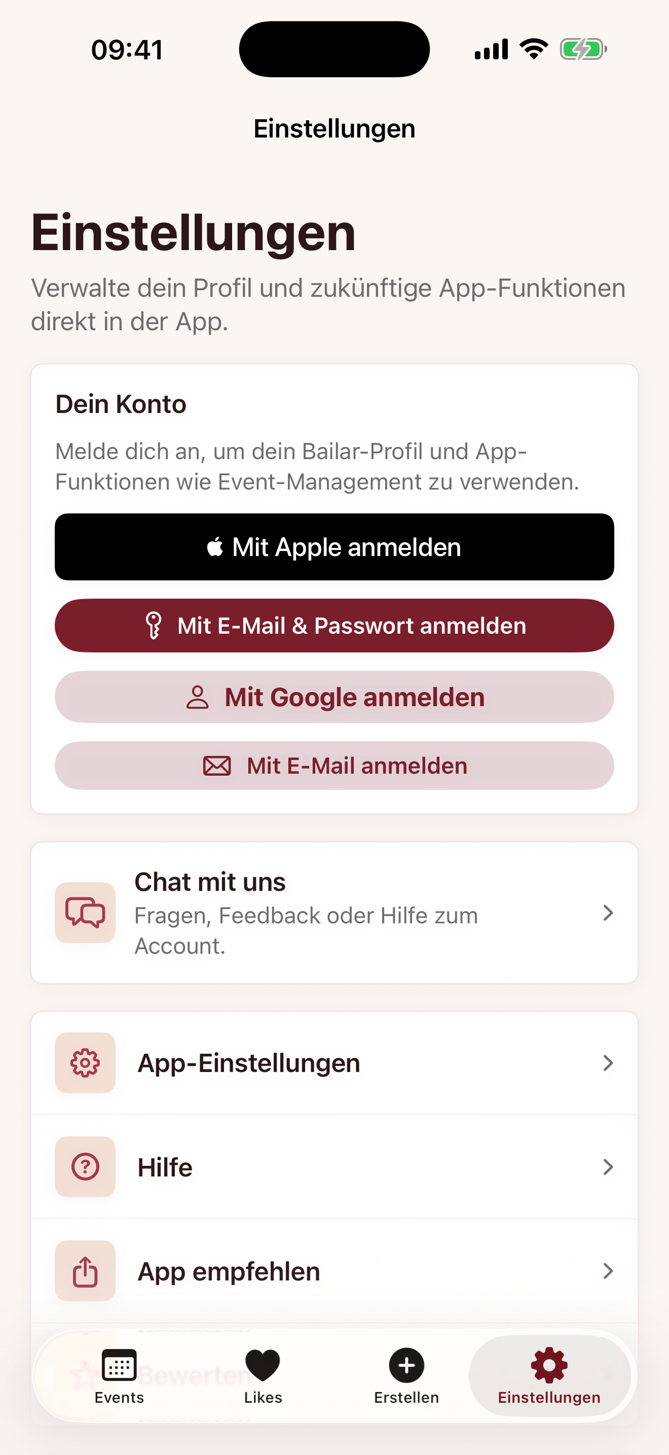Bailar.info app with profile and settings